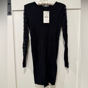 Zara Black Ribbed Dress with Clasp Embellished Sleeves